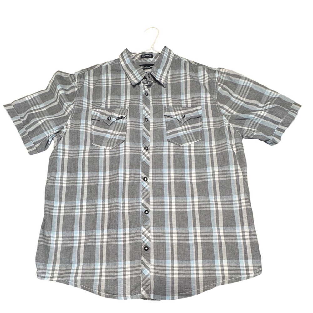 Ocean Current Shirt Mens Large Woven Plaid Grey Blue Short Sleeve Button Down
